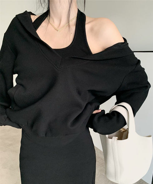 薄手スウェット上下春夏セットアップ韓国風 フード付きVネックトレーナーレディースドロップショルダー ホルターネックロングワンピース サイドスリットワンピースお洒落 97TAOZH-002