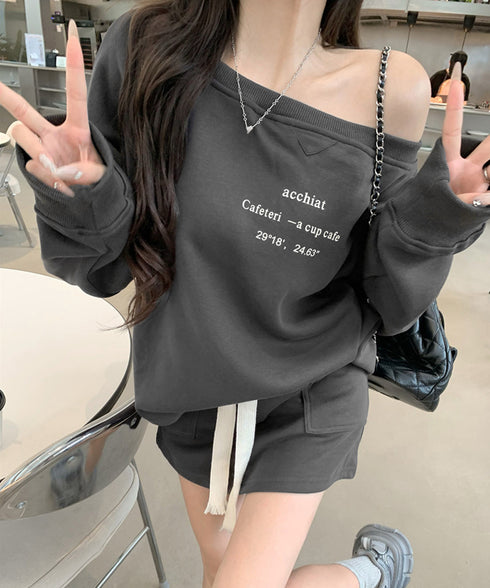 英字ロゴスウェットセットアップ大人可愛い レディーストレーナーきれいめ ポケット付き インナーパンツ付きスカートウエストゴム ドロップショルダートップスおしゃれ服 97TAOZH-003