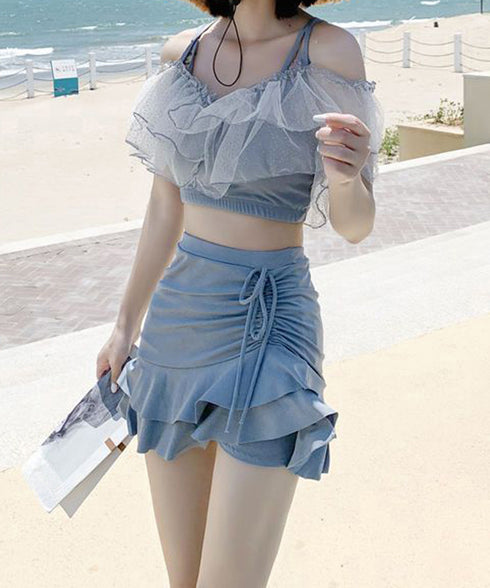 レディース水着 2点セット 小胸 盛れる バンドゥ水着セパレート ビスチェ水着おしゃれ 海辺旅行水着リゾート パッド付きブラトップ インナーパンツ付きミニスカート 97YONGYI-002