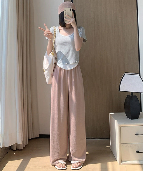 綿麻風ワイドパンツ レディース きれいめ 涼しいパンツ美脚脚長 薄手リネン風パンツ春夏 ウエストゴム楽ちんパンツ イージーパンツゆったり カジュアルパンツ長ズボン 97KZ-001