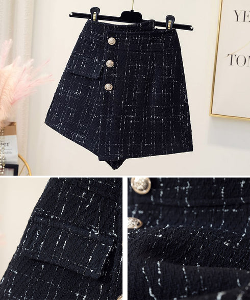 ツイードショートパンツ ラップスカート風 チェックパンツレディースきれいめ アシンメトリースカンツ パンツハイウエスト フロントボタンキュロットパンツ飾りポケット 97KZ-005