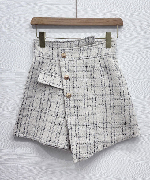 ツイードショートパンツ ラップスカート風 チェックパンツレディースきれいめ アシンメトリースカンツ パンツハイウエスト フロントボタンキュロットパンツ飾りポケット 97KZ-005