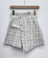 ツイードショートパンツ ラップスカート風 チェックパンツレディースきれいめ アシンメトリースカンツ パンツハイウエスト フロントボタンキュロットパンツ飾りポケット 97KZ-005