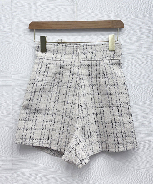 ツイードショートパンツ ラップスカート風 チェックパンツレディースきれいめ アシンメトリースカンツ パンツハイウエスト フロントボタンキュロットパンツ飾りポケット 97KZ-005