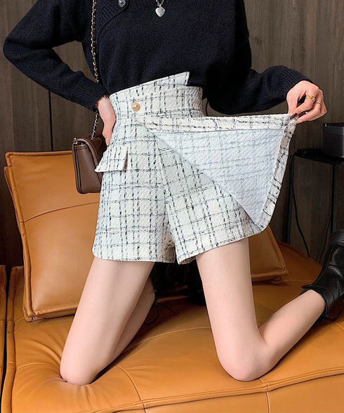 ツイードショートパンツ ラップスカート風 チェックパンツレディースきれいめ アシンメトリースカンツ パンツハイウエスト フロントボタンキュロットパンツ飾りポケット 97KZ-005