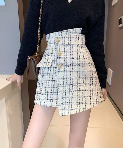 ツイードショートパンツ ラップスカート風 チェックパンツレディースきれいめ アシンメトリースカンツ パンツハイウエスト フロントボタンキュロットパンツ飾りポケット 97KZ-005