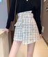 ツイードショートパンツ ラップスカート風 チェックパンツレディースきれいめ アシンメトリースカンツ パンツハイウエスト フロントボタンキュロットパンツ飾りポケット 97KZ-005