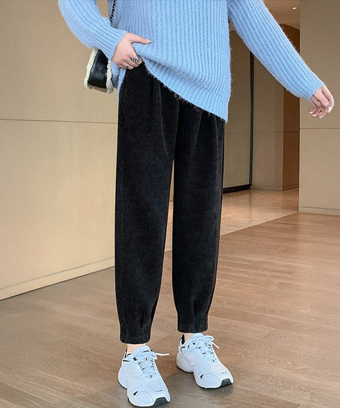 裏起毛コーデュロイテーパードパンツ9分丈 防寒裏フリースパンツレディース ウエストゴムパンツカジュアルきれいめ タック入りパンツあったか楽ちん アンクルパンツ秋冬 97KZ-006