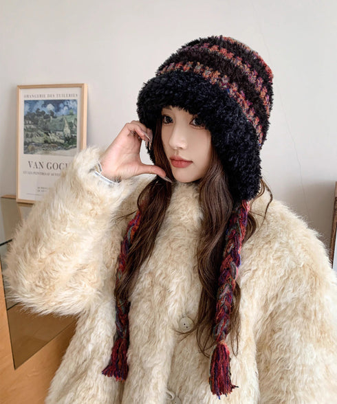 暖かいニット帽ファーキャップもこもこ帽子 ふわふわファー帽子 チクチクしないニットキャップ レディース毛糸帽子 大人可愛いボア帽子おしゃれ 韓国風帽子防風防寒保温 97MAOZI-001