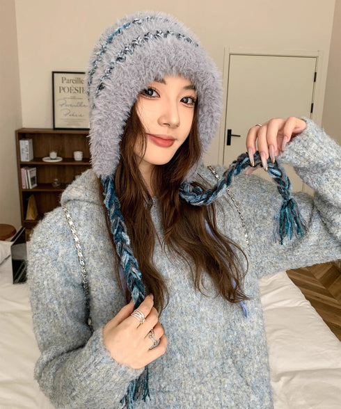 暖かいニット帽ファーキャップもこもこ帽子 ふわふわファー帽子 チクチクしないニットキャップ レディース毛糸帽子 大人可愛いボア帽子おしゃれ 韓国風帽子防風防寒保温 97MAOZI-001