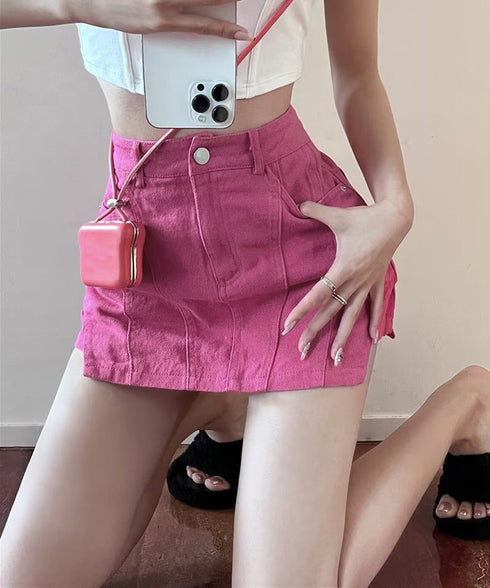 インナーパンツ付きキュロットミニスカート サイドカットアウトデニムショートパンツレディース キュロットスカート 短いスカートチラ見え防止 デニムホットパンツ着やせ 97QUNZI-001