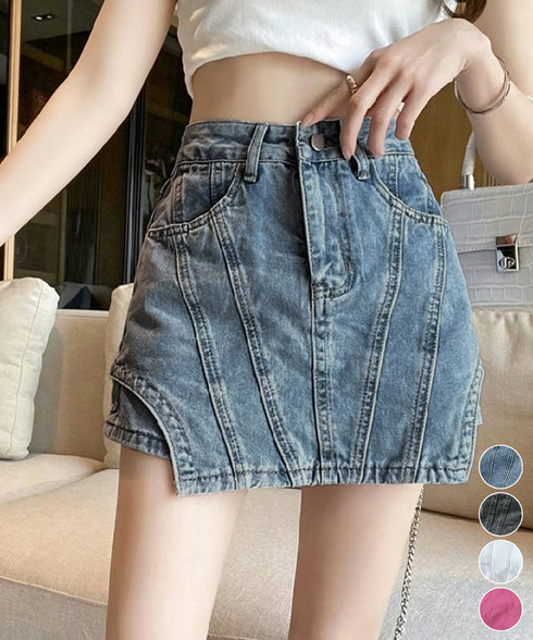 インナーパンツ付きキュロットミニスカート サイドカットアウトデニムショートパンツレディース キュロットスカート 短いスカートチラ見え防止 デニムホットパンツ着やせ 97QUNZI-001