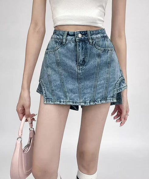 インナーパンツ付きキュロットミニスカート サイドカットアウトデニムショートパンツレディース キュロットスカート 短いスカートチラ見え防止 デニムホットパンツ着やせ 97QUNZI-001