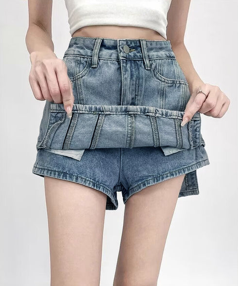インナーパンツ付きキュロットミニスカート サイドカットアウトデニムショートパンツレディース キュロットスカート 短いスカートチラ見え防止 デニムホットパンツ着やせ 97QUNZI-001
