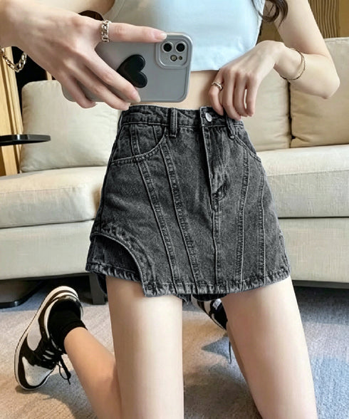 インナーパンツ付きキュロットミニスカート サイドカットアウトデニムショートパンツレディース キュロットスカート 短いスカートチラ見え防止 デニムホットパンツ着やせ 97QUNZI-001