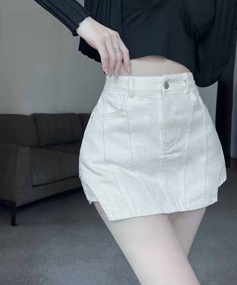 インナーパンツ付きキュロットミニスカート サイドカットアウトデニムショートパンツレディース キュロットスカート 短いスカートチラ見え防止 デニムホットパンツ着やせ 97QUNZI-001