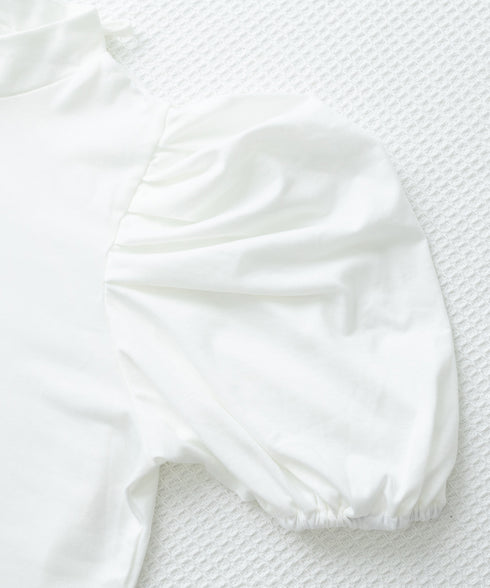 韓国風tシャツ レディース 半袖 お洒落 きれいめトップス春夏 シンプルtシャツ ボリューム袖カットソー バルーンスリーブブラウス クルーネックtシャツカジュアル 97SY-001