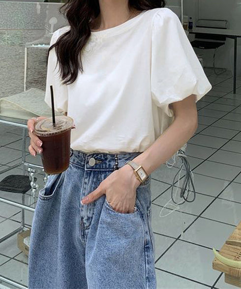 韓国風tシャツ レディース 半袖 お洒落 きれいめトップス春夏 シンプルtシャツ ボリューム袖カットソー バルーンスリーブブラウス クルーネックtシャツカジュアル 97SY-001