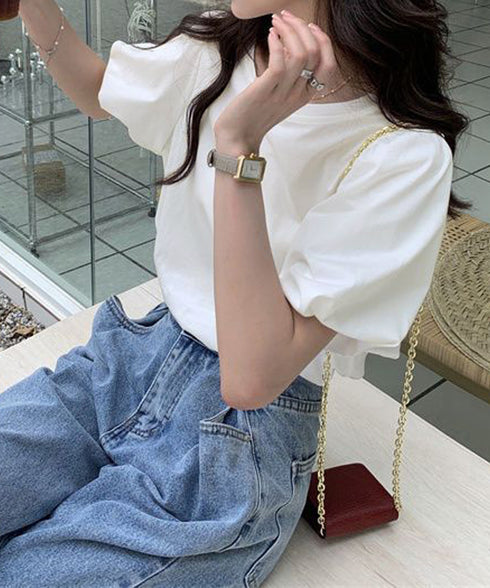 韓国風tシャツ レディース 半袖 お洒落 きれいめトップス春夏 シンプルtシャツ ボリューム袖カットソー バルーンスリーブブラウス クルーネックtシャツカジュアル 97SY-001