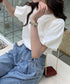 韓国風tシャツ レディース 半袖 お洒落 きれいめトップス春夏 シンプルtシャツ ボリューム袖カットソー バルーンスリーブブラウス クルーネックtシャツカジュアル 97SY-001