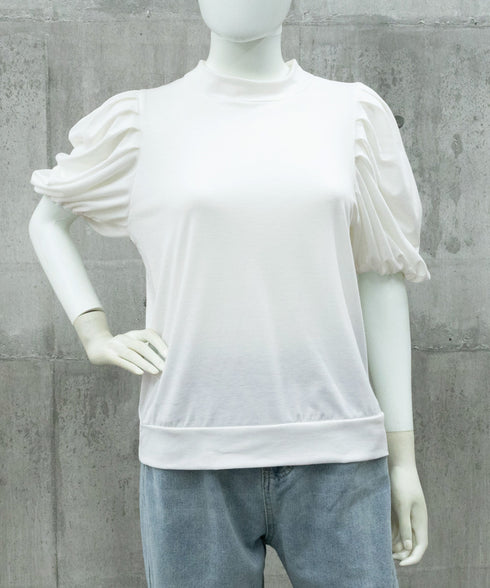 韓国風tシャツ レディース 半袖 お洒落 きれいめトップス春夏 シンプルtシャツ ボリューム袖カットソー バルーンスリーブブラウス クルーネックtシャツカジュアル 97SY-001