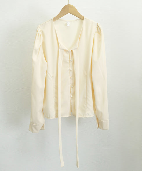 韓国風ボウタイブラウスレディースきれいめ 長袖リボンタイブラウス オフィスカジュアル 大人可愛いトップス 春夏 ノーカラーブラウス スーツインナーブラウス上品清楚 97SY-003