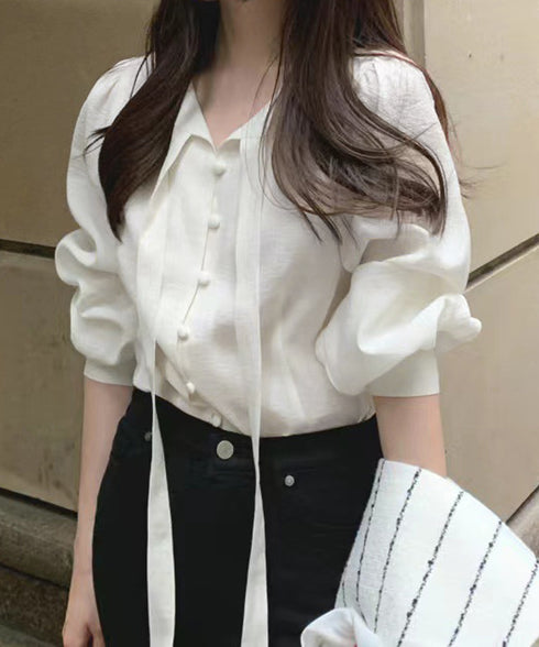 韓国風ボウタイブラウスレディースきれいめ 長袖リボンタイブラウス オフィスカジュアル 大人可愛いトップス 春夏 ノーカラーブラウス スーツインナーブラウス上品清楚 97SY-003