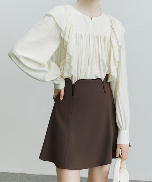 ラッフルブラウス韓国風 レディース 長袖 大人可愛いブラウスボリューム袖 フェミニントップス春夏秋 フォーマルブラウス華やか オフィスカジュアル 幼稚園入園式服装 97SY-004