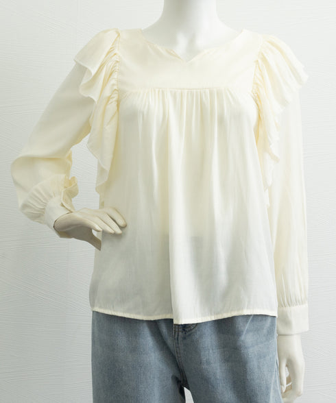 ラッフルブラウス韓国風 レディース 長袖 大人可愛いブラウスボリューム袖 フェミニントップス春夏秋 フォーマルブラウス華やか オフィスカジュアル 幼稚園入園式服装 97SY-004