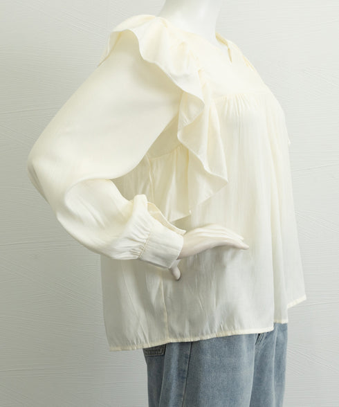 ラッフルブラウス韓国風 レディース 長袖 大人可愛いブラウスボリューム袖 フェミニントップス春夏秋 フォーマルブラウス華やか オフィスカジュアル 幼稚園入園式服装 97SY-004