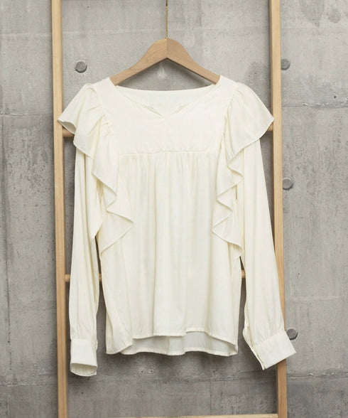 ラッフルブラウス韓国風 レディース 長袖 大人可愛いブラウスボリューム袖 フェミニントップス春夏秋 フォーマルブラウス華やか オフィスカジュアル 幼稚園入園式服装 97SY-004