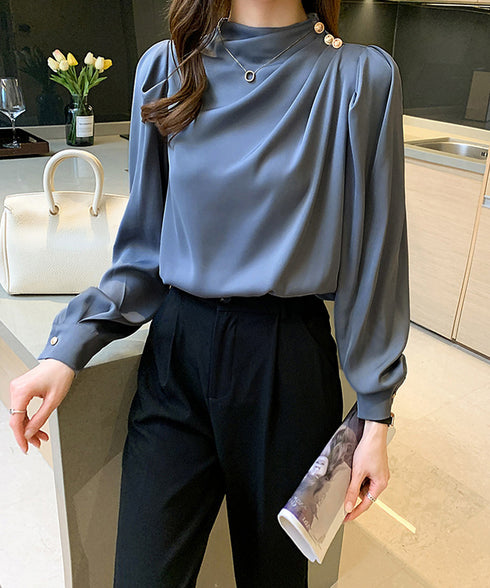 ドレープブラウス 韓国風ブラウスきれいめ レディースタックブラウス オフィスカジュアルブラウス長袖 フェミニンブラウス とろみブラウスおしゃれ 大人可愛いトップス 97SY-008