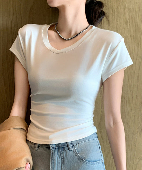 サイドギャザーtシャツ半袖トップス韓国風 VネックTシャツ春夏 半袖カットソーレディース 着やせtシャツ大人可愛い カジュアルトップス タイトtシャツ細見えお洒落 97SY-013