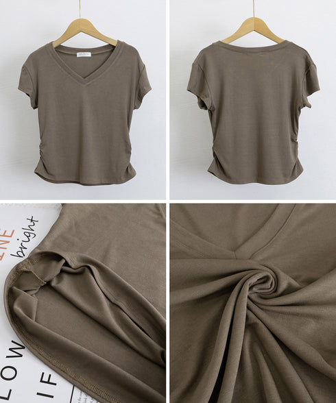 サイドギャザーtシャツ半袖トップス韓国風 VネックTシャツ春夏 半袖カットソーレディース 着やせtシャツ大人可愛い カジュアルトップス タイトtシャツ細見えお洒落 97SY-013