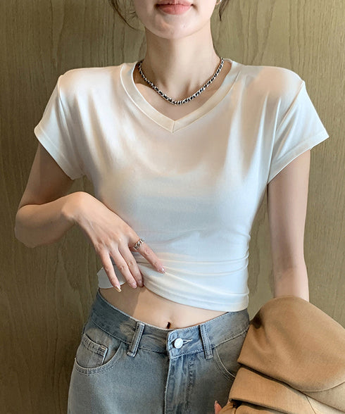 サイドギャザーtシャツ半袖トップス韓国風 VネックTシャツ春夏 半袖カットソーレディース 着やせtシャツ大人可愛い カジュアルトップス タイトtシャツ細見えお洒落 97SY-013