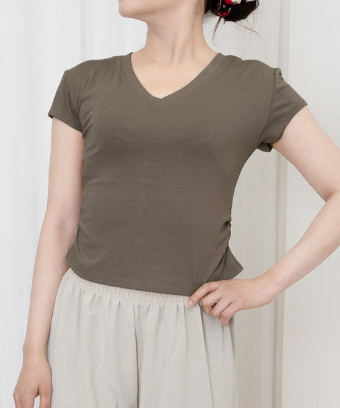 サイドギャザーtシャツ半袖トップス韓国風 VネックTシャツ春夏 半袖カットソーレディース 着やせtシャツ大人可愛い カジュアルトップス タイトtシャツ細見えお洒落 97SY-013