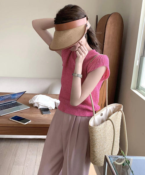 フレンチスリーブサマーニットトップス夏服 透かし編みニットレディースきれいめ 大人可愛いニットソーおしゃれ ローゲージニット ラウンドネック ニット透け感トップス 97SY-015