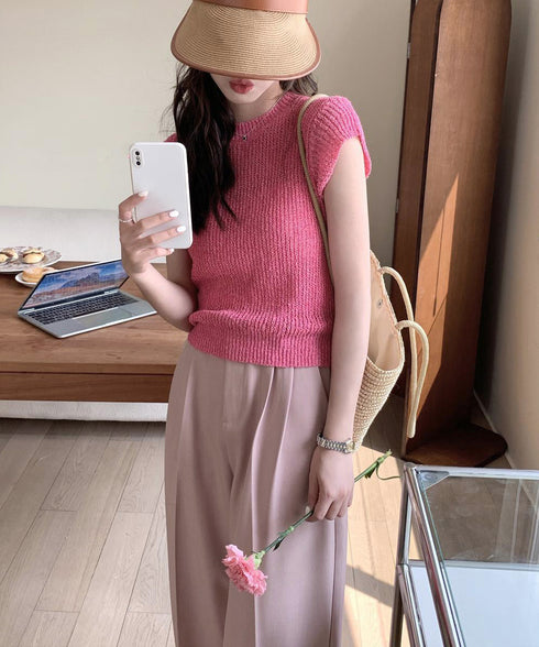 フレンチスリーブサマーニットトップス夏服 透かし編みニットレディースきれいめ 大人可愛いニットソーおしゃれ ローゲージニット ラウンドネック ニット透け感トップス 97SY-015