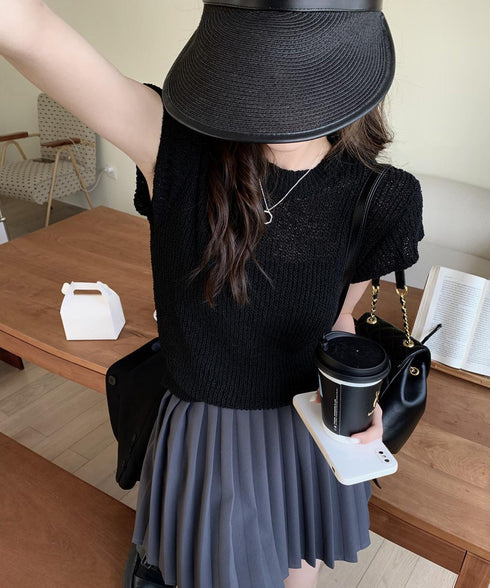 フレンチスリーブサマーニットトップス夏服 透かし編みニットレディースきれいめ 大人可愛いニットソーおしゃれ ローゲージニット ラウンドネック ニット透け感トップス 97SY-015