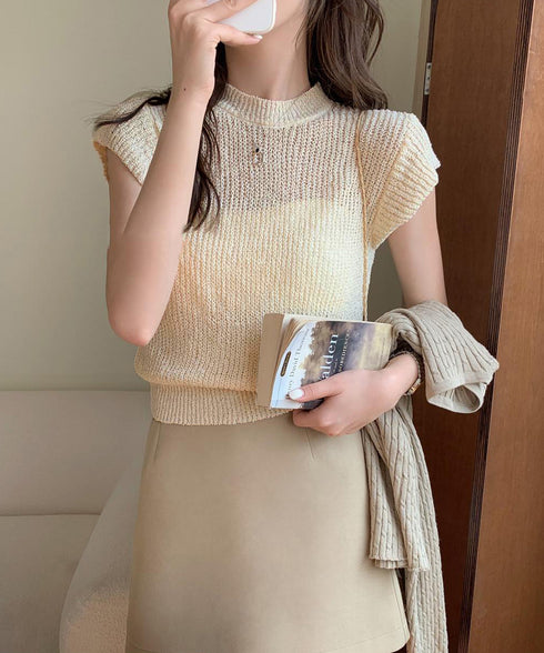 フレンチスリーブサマーニットトップス夏服 透かし編みニットレディースきれいめ 大人可愛いニットソーおしゃれ ローゲージニット ラウンドネック ニット透け感トップス 97SY-015