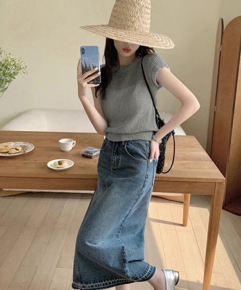 フレンチスリーブサマーニットトップス夏服 透かし編みニットレディースきれいめ 大人可愛いニットソーおしゃれ ローゲージニット ラウンドネック ニット透け感トップス 97SY-015