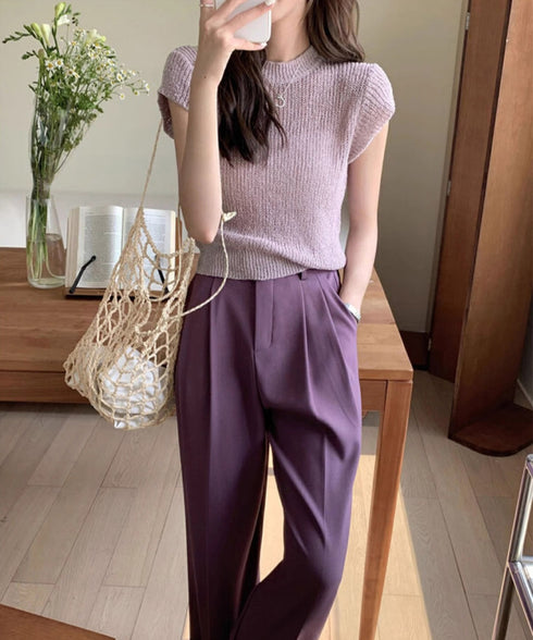 フレンチスリーブサマーニットトップス夏服 透かし編みニットレディースきれいめ 大人可愛いニットソーおしゃれ ローゲージニット ラウンドネック ニット透け感トップス 97SY-015