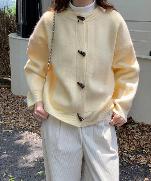 韓国風トグルボタンニットカーディガン秋冬 暖かいカーディガンレディース長袖 ドロップショルダー前開きニットトップス オフィスカジュアルカーディガンきれいめセーター 97SY-016