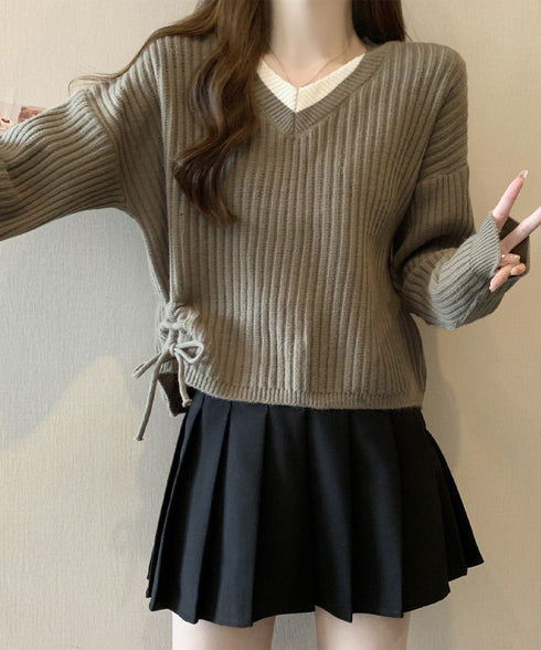 Vネックリブニットトップス 暖かいニット レイヤードニットレディース韓国風 きれいめトップス秋冬服 サイドドローストリングニットおしゃれ ニットセーター大人可愛い 97SY-018