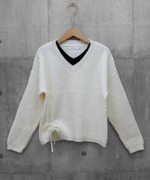 Vネックリブニットトップス 暖かいニット レイヤードニットレディース韓国風 きれいめトップス秋冬服 サイドドローストリングニットおしゃれ ニットセーター大人可愛い 97SY-018