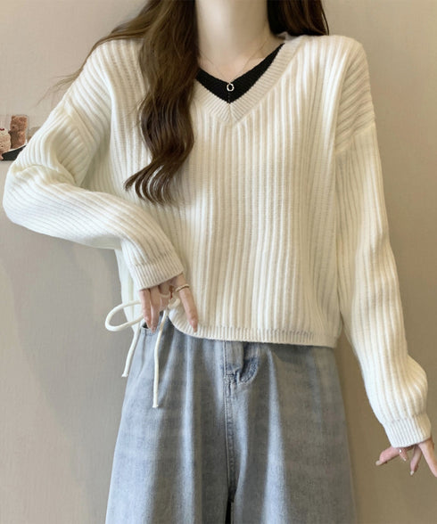Vネックリブニットトップス 暖かいニット レイヤードニットレディース韓国風 きれいめトップス秋冬服 サイドドローストリングニットおしゃれ ニットセーター大人可愛い 97SY-018