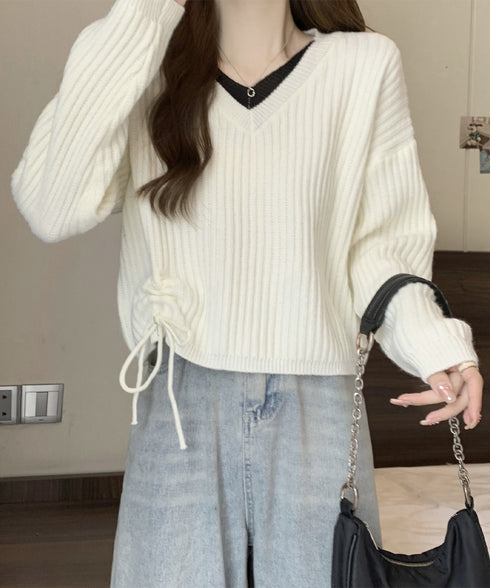 Vネックリブニットトップス 暖かいニット レイヤードニットレディース韓国風 きれいめトップス秋冬服 サイドドローストリングニットおしゃれ ニットセーター大人可愛い 97SY-018