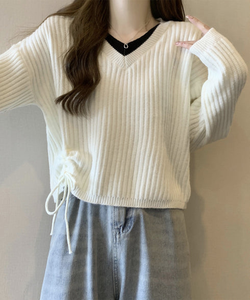 Vネックリブニットトップス 暖かいニット レイヤードニットレディース韓国風 きれいめトップス秋冬服 サイドドローストリングニットおしゃれ ニットセーター大人可愛い 97SY-018