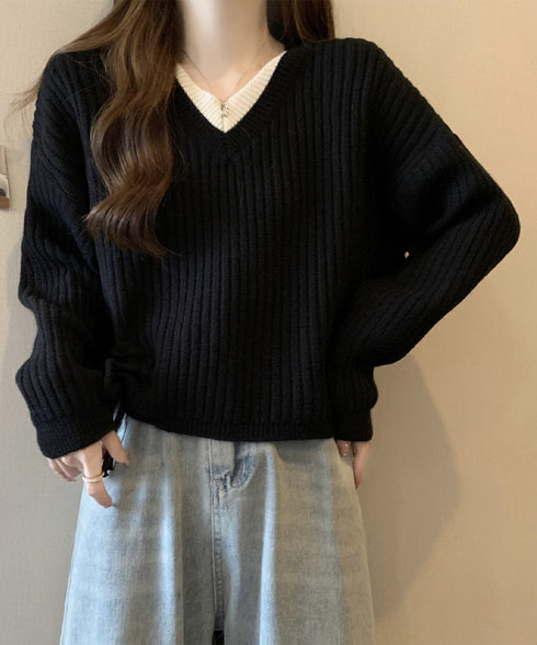 Vネックリブニットトップス 暖かいニット レイヤードニットレディース韓国風 きれいめトップス秋冬服 サイドドローストリングニットおしゃれ ニットセーター大人可愛い 97SY-018