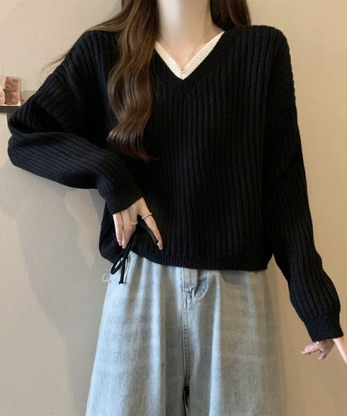 Vネックリブニットトップス 暖かいニット レイヤードニットレディース韓国風 きれいめトップス秋冬服 サイドドローストリングニットおしゃれ ニットセーター大人可愛い 97SY-018